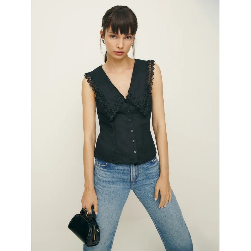 Reformation Black Linen Lace Trim Oversized Collar Button Front Top Size 8